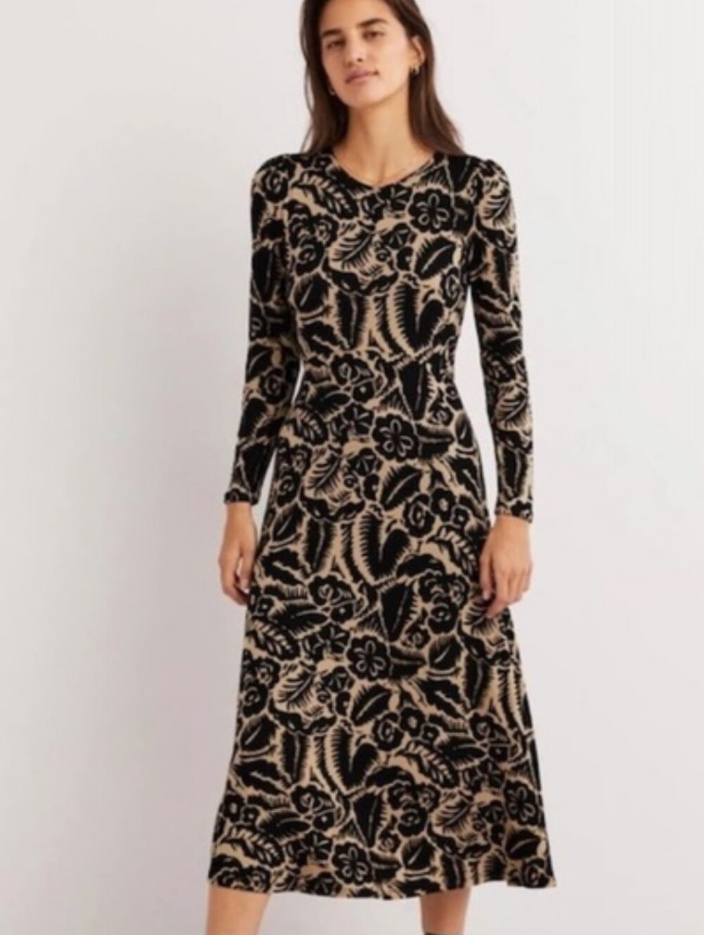 Boden Black & Tan Abstract Floral Crew Neck Long Sleeve Midi Dress Size 10R